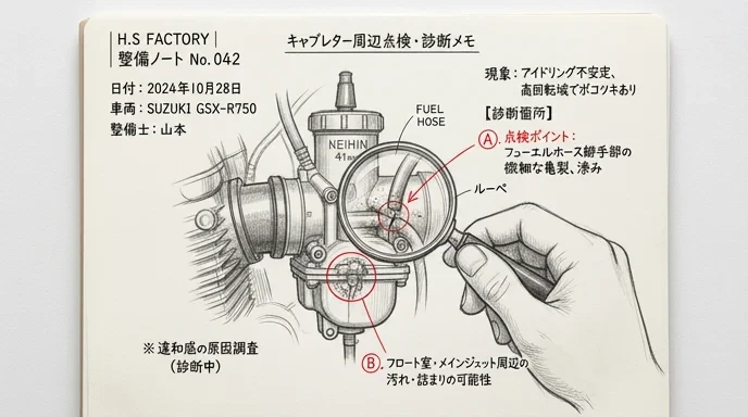 キャブレターだけに決めつけず原因を診断する鉛筆スケッチ