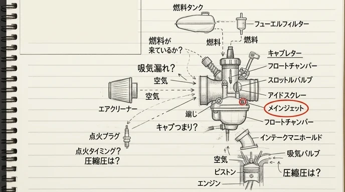 複数の部品の関係を見ながら不調の原因を切り分ける鉛筆スケッチ