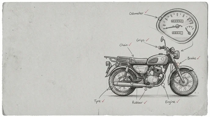 バイク全体の状態を点検し違和感の原因を探す鉛筆スケッチ