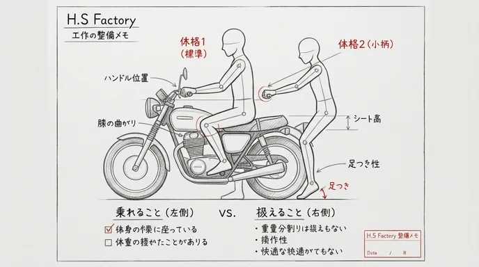 ライダーの体格とバイクの大きさや扱いやすさを比較する鉛筆スケッチ