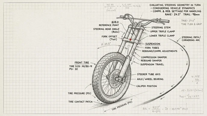 バイクを押して歩いたときの抵抗をブレーキやタイヤ、足回りから考える鉛筆スケッチ