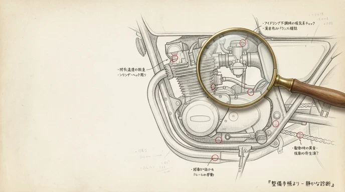 バイク修理で原因を診断し見積もり内容を確認する鉛筆スケッチ