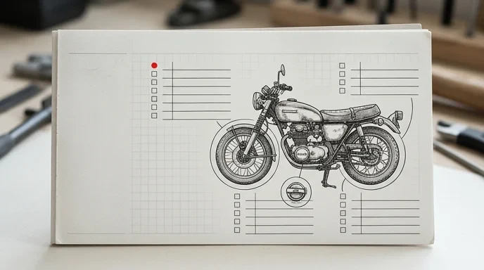 中古バイクの現在状態を点検し整備の基準点を作る鉛筆スケッチ