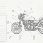中古バイク購入後にタイヤやブレーキなど基本項目を点検する鉛筆スケッチ