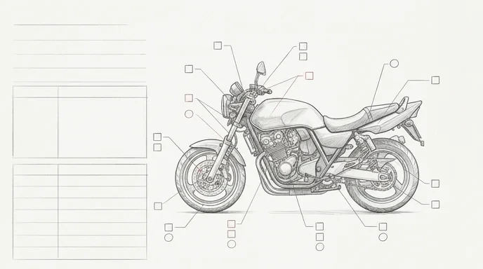 中古バイク購入後にタイヤやブレーキなど基本項目を点検する鉛筆スケッチ
