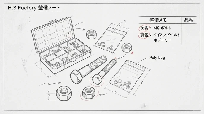 旧車の維持に必要な部品と工具を確認する鉛筆スケッチ