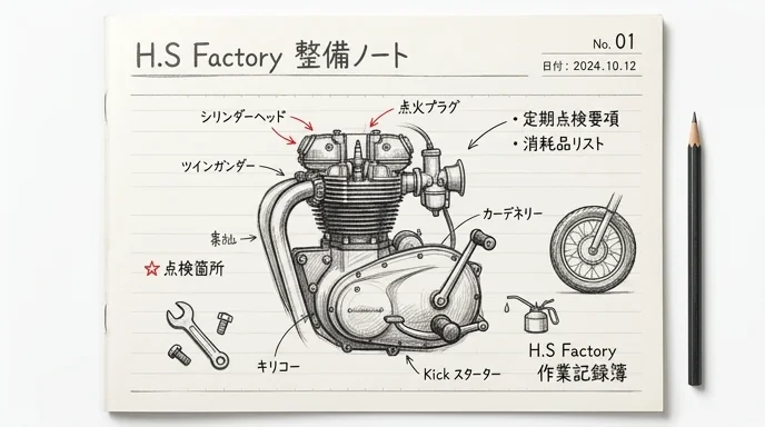 新車のバイクでも基本状態を確認する整備ノート風の鉛筆スケッチ