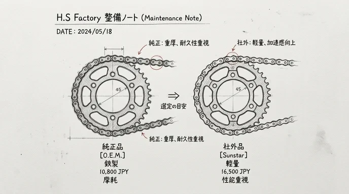純正部品と社外品の違いを比較する鉛筆スケッチ