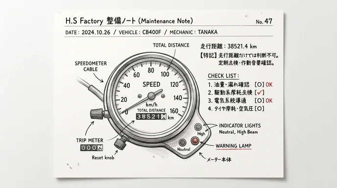 走行距離だけでなく中古バイクの状態を見る鉛筆スケッチ