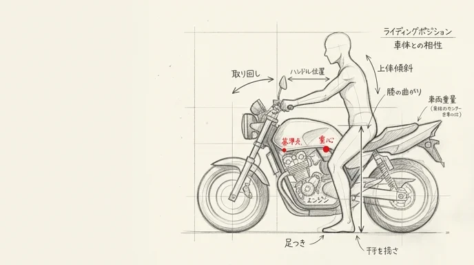 ライダーの足つきと乗車姿勢、車体との位置関係を考える鉛筆スケッチ