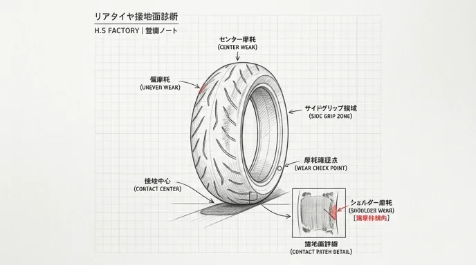 バイクのタイヤとホイール周辺を確認する整備イメージ